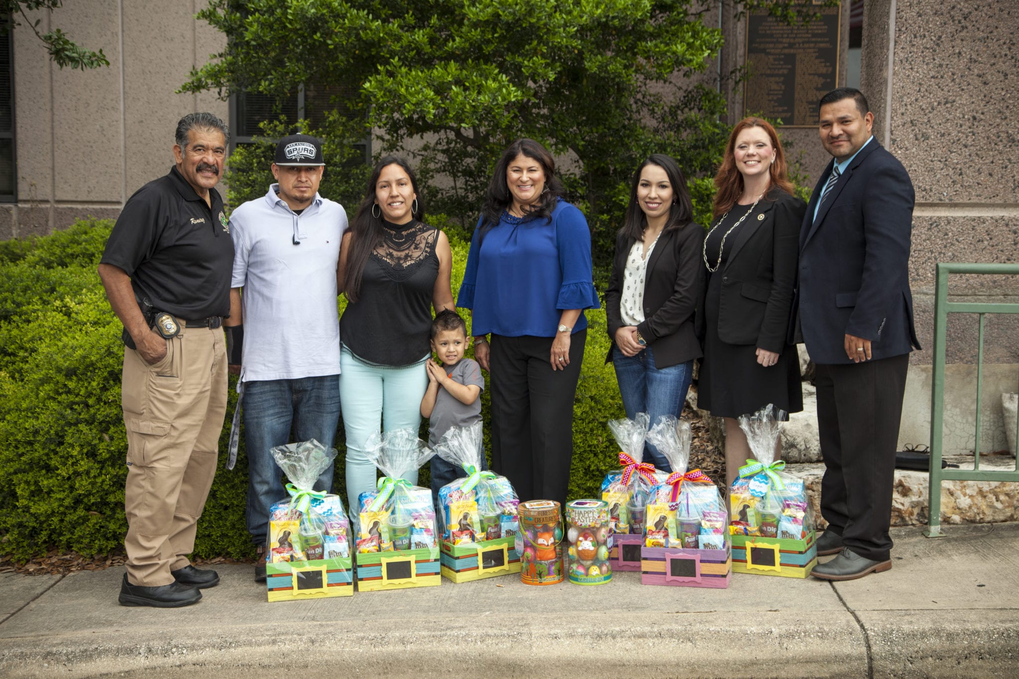 family receiving Easter baskets